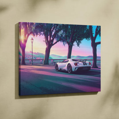 Ford GT Inspired White Pink Canvas Wall Art, Vaporwave Supercar Artwork, Neon Coastal Drive Decor, Retro Futuristic Garage Print