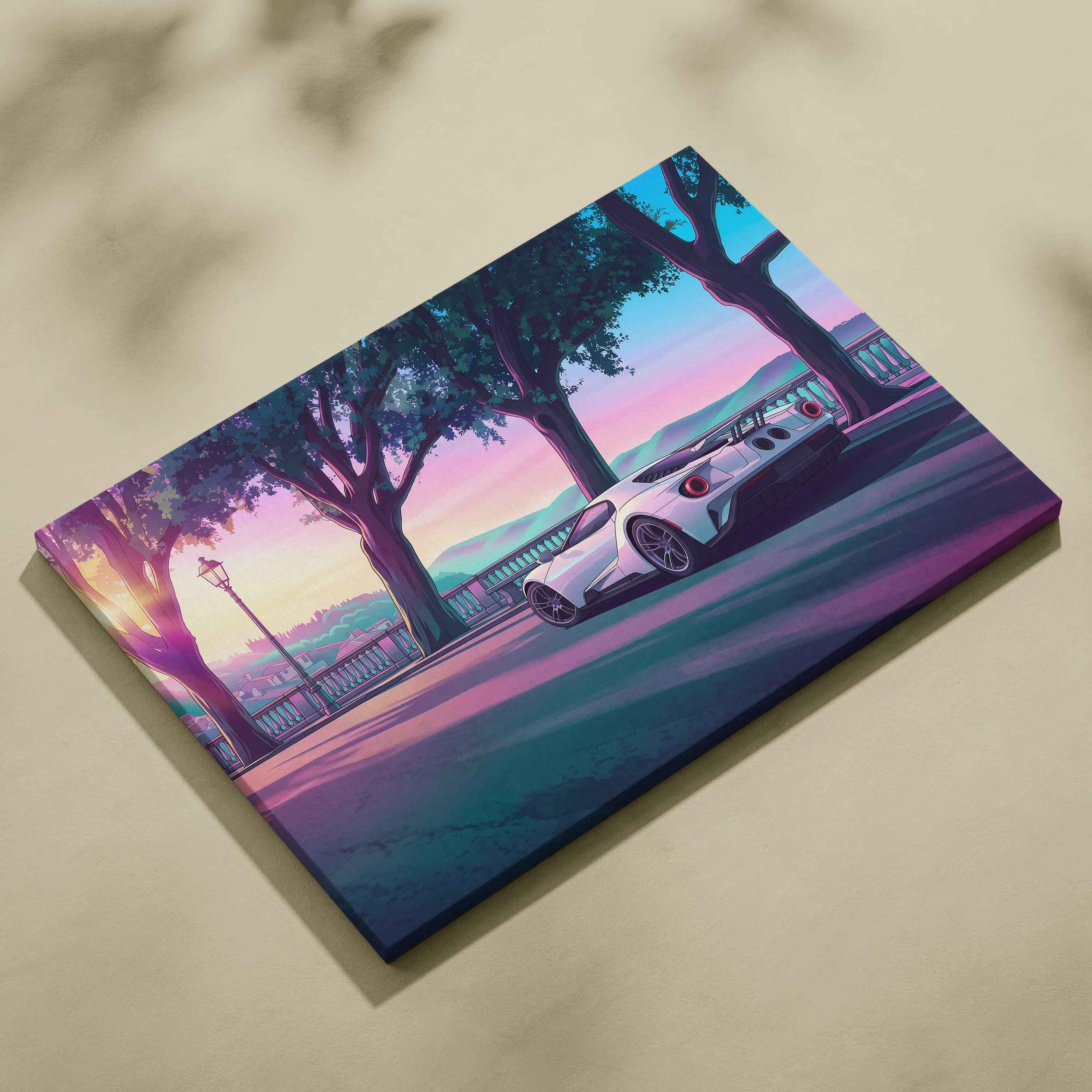 Ford GT Inspired White Pink Canvas Wall Art, Vaporwave Supercar Artwork, Neon Coastal Drive Decor, Retro Futuristic Garage Print