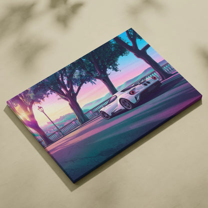 Ford GT Inspired White Pink Canvas Wall Art, Vaporwave Supercar Artwork, Neon Coastal Drive Decor, Retro Futuristic Garage Print