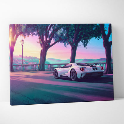 Ford GT Inspired White Pink Canvas Wall Art, Vaporwave Supercar Artwork, Neon Coastal Drive Decor, Retro Futuristic Garage Print