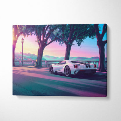 Ford GT Inspired White Pink Canvas Wall Art, Vaporwave Supercar Artwork, Neon Coastal Drive Decor, Retro Futuristic Garage Print