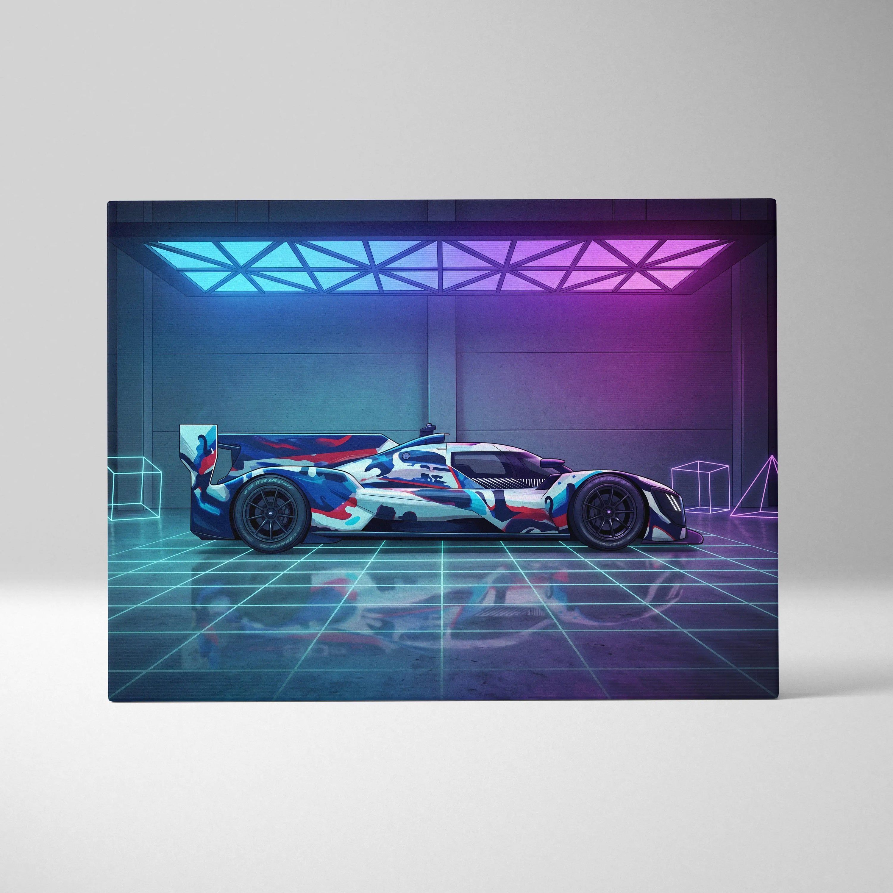 Porsche 919 Hybrid Inspired Blue Pink Canvas Wall Art, Vaporwave Le Mans Race Car Artwork, Neon Grid Garage Decor, Retro Futuristic Motorsport Print