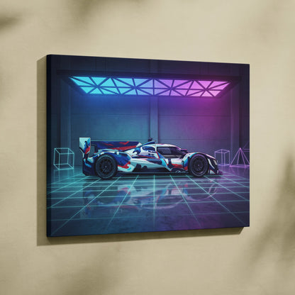 Porsche 919 Hybrid Inspired Blue Pink Canvas Wall Art, Vaporwave Le Mans Race Car Artwork, Neon Grid Garage Decor, Retro Futuristic Motorsport Print