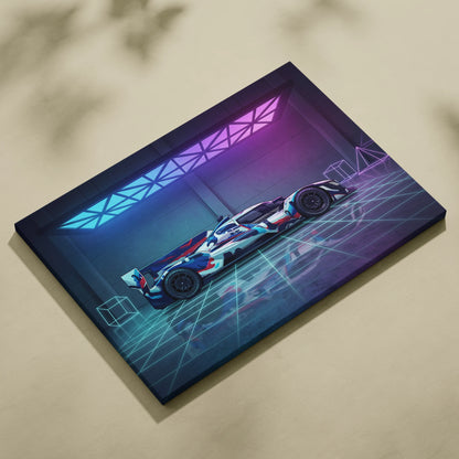 Porsche 919 Hybrid Inspired Blue Pink Canvas Wall Art, Vaporwave Le Mans Race Car Artwork, Neon Grid Garage Decor, Retro Futuristic Motorsport Print