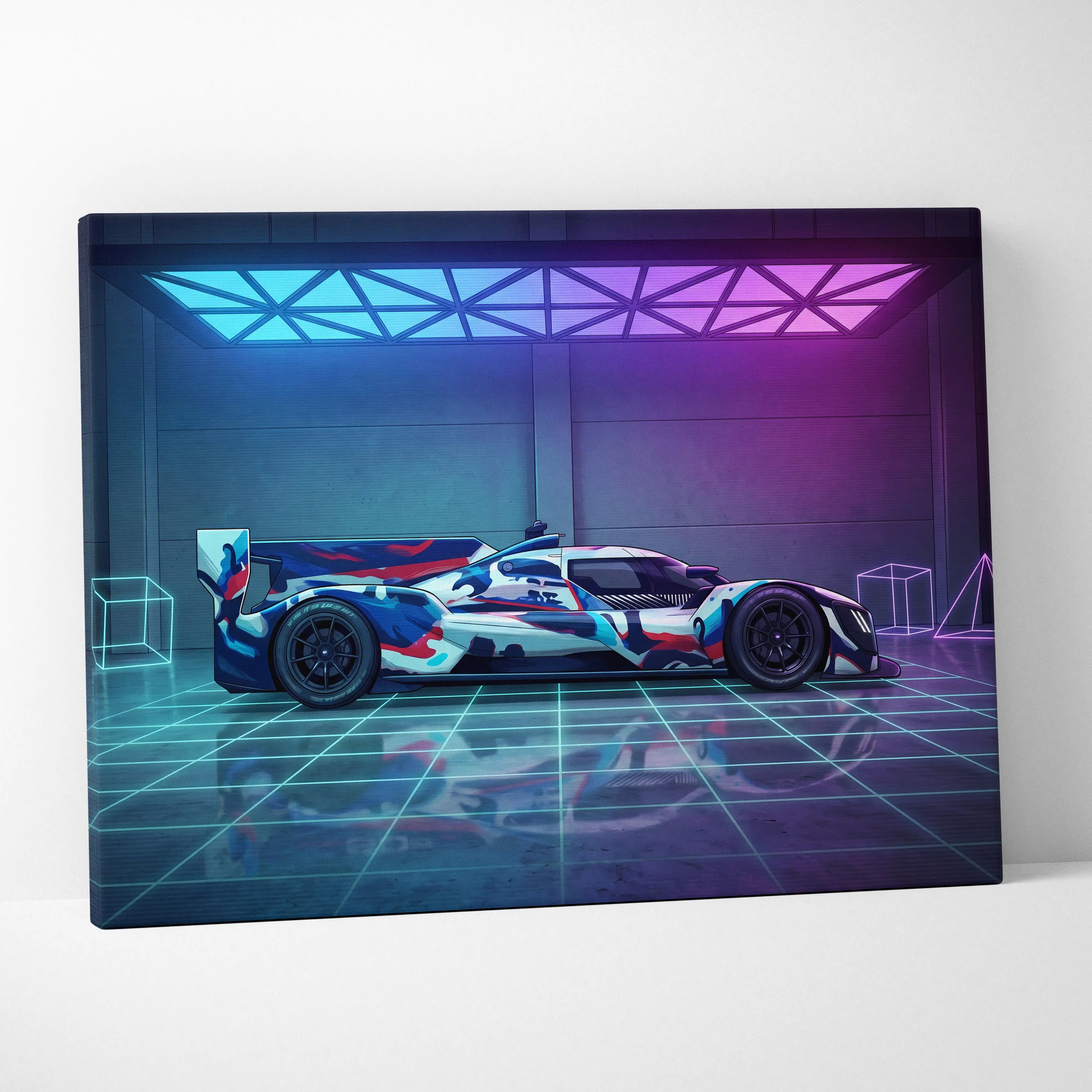 Porsche 919 Hybrid Inspired Blue Pink Canvas Wall Art, Vaporwave Le Mans Race Car Artwork, Neon Grid Garage Decor, Retro Futuristic Motorsport Print