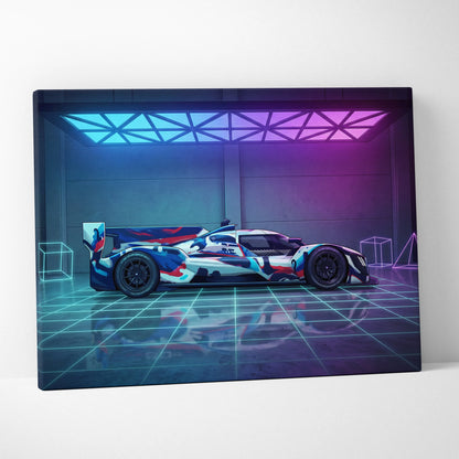Porsche 919 Hybrid Inspired Blue Pink Canvas Wall Art, Vaporwave Le Mans Race Car Artwork, Neon Grid Garage Decor, Retro Futuristic Motorsport Print