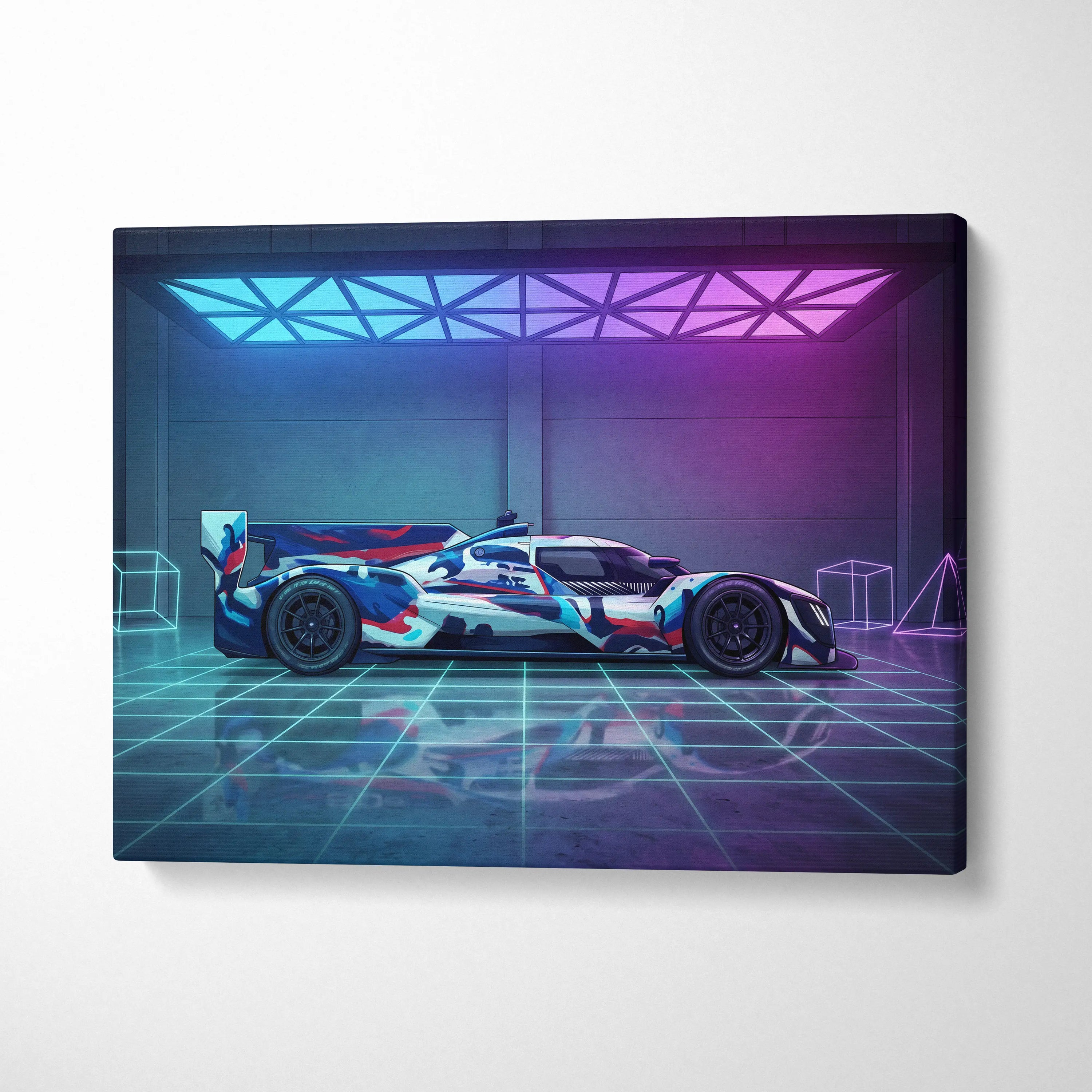 Porsche 919 Hybrid Inspired Blue Pink Canvas Wall Art, Vaporwave Le Mans Race Car Artwork, Neon Grid Garage Decor, Retro Futuristic Motorsport Print