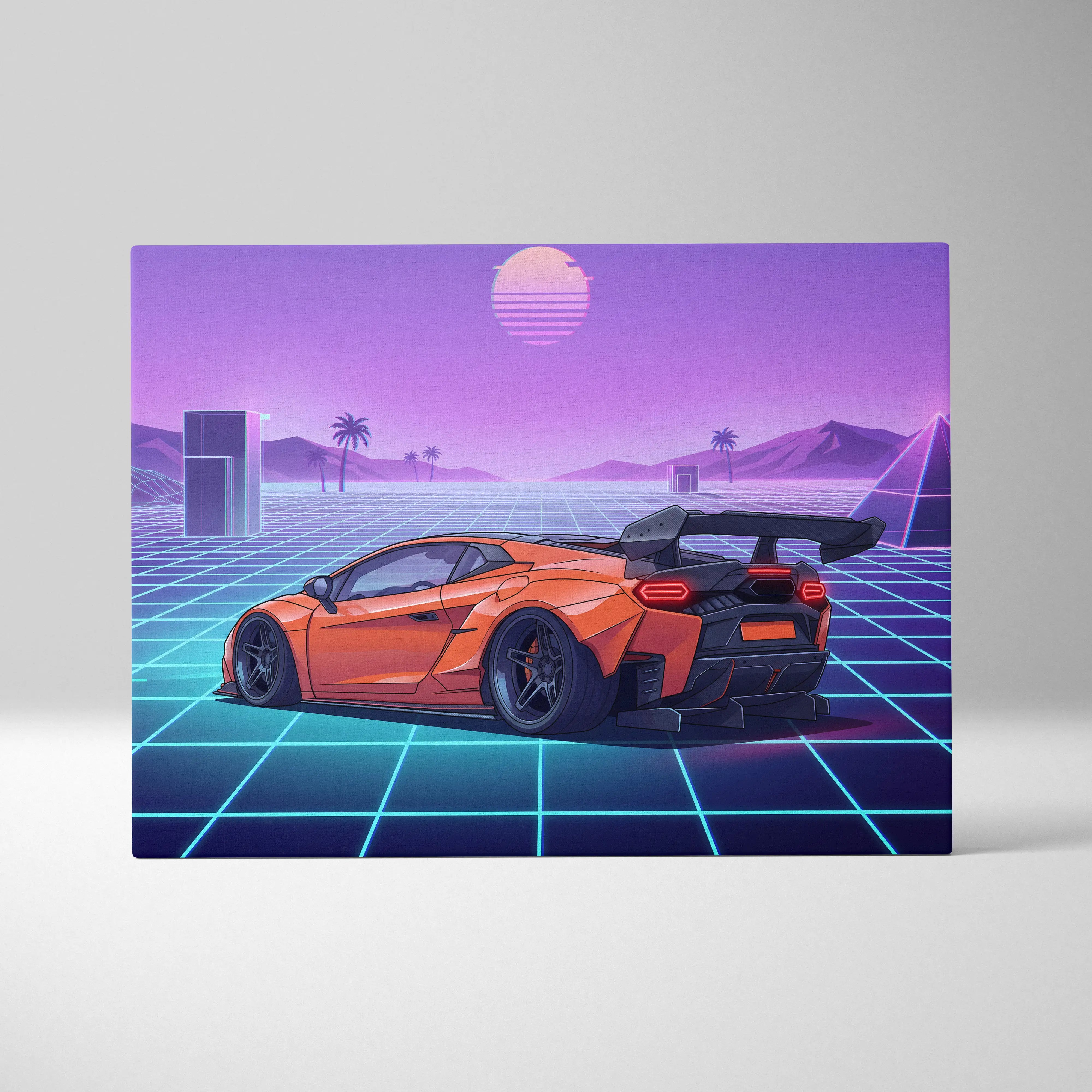 Lamborghini Inspired Orange Purple Canvas Wall Art, Vaporwave Hypercar Artwork, Neon Grid Garage Decor, Retro Futuristic Motorsport Print
