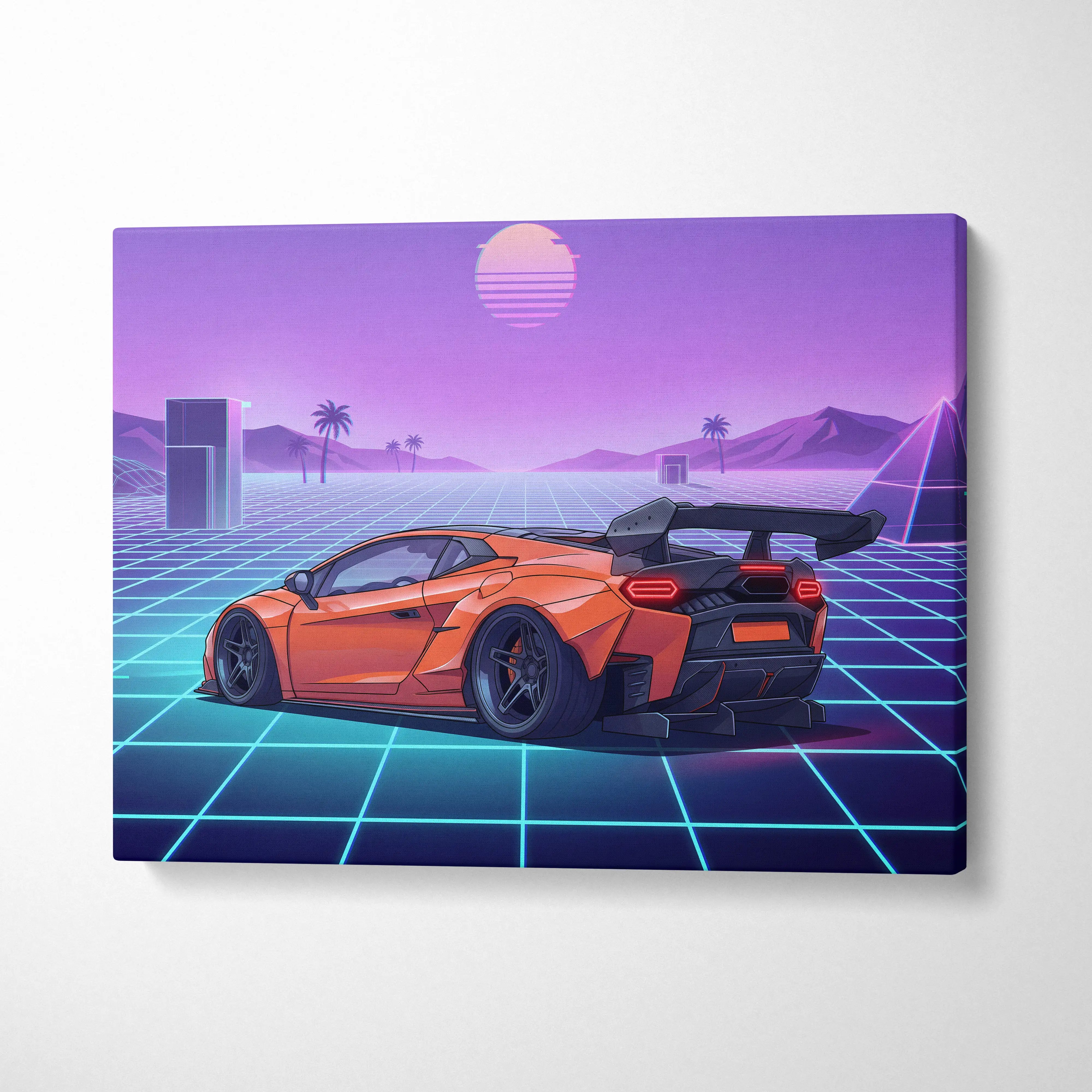 Lamborghini Inspired Orange Purple Canvas Wall Art, Vaporwave Hypercar Artwork, Neon Grid Garage Decor, Retro Futuristic Motorsport Print