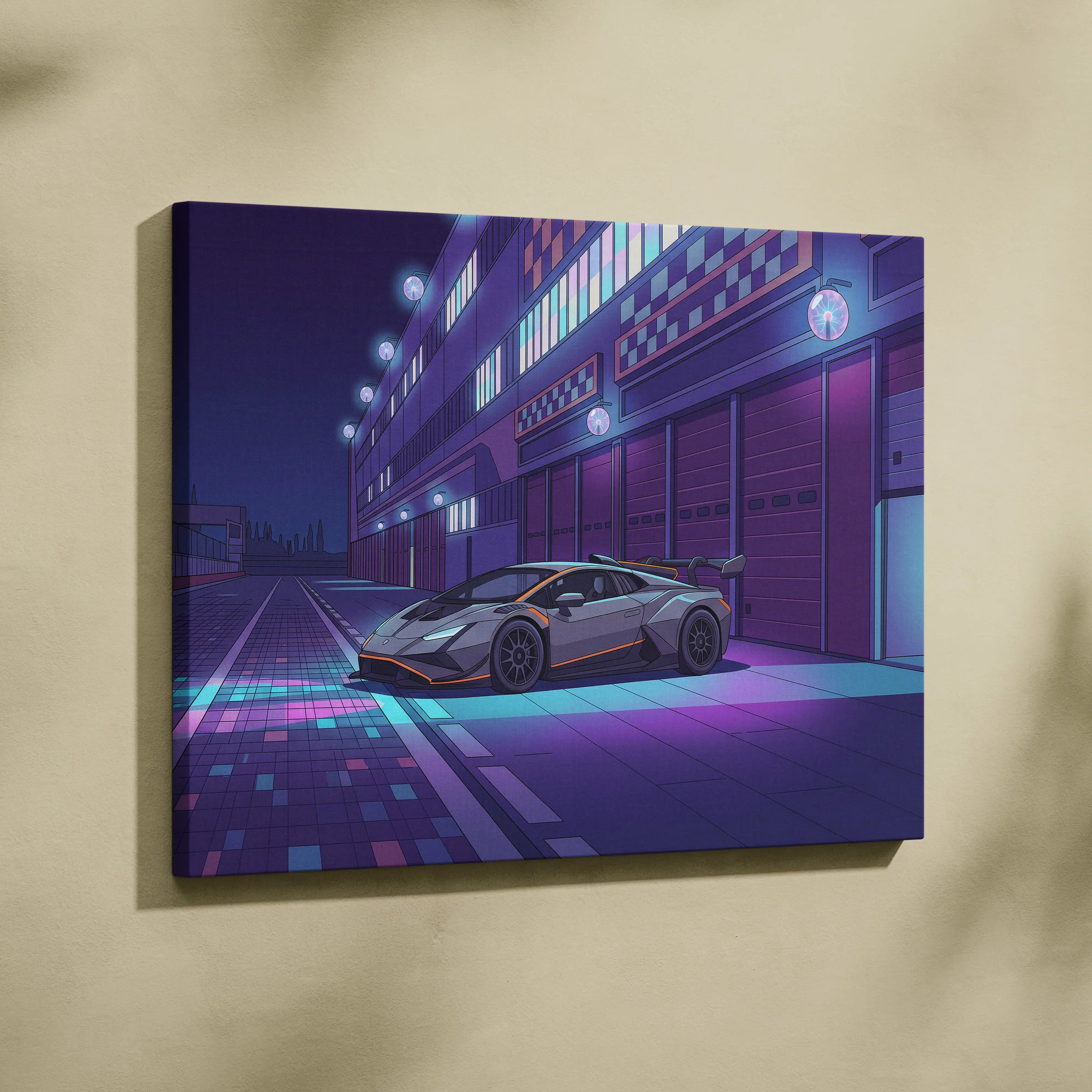 Lamborghini Huracan STO Inspired Gray Purple Canvas Wall Art, Vaporwave Track Car Artwork, Neon Garage Decor, Retro Futuristic Exotic Print