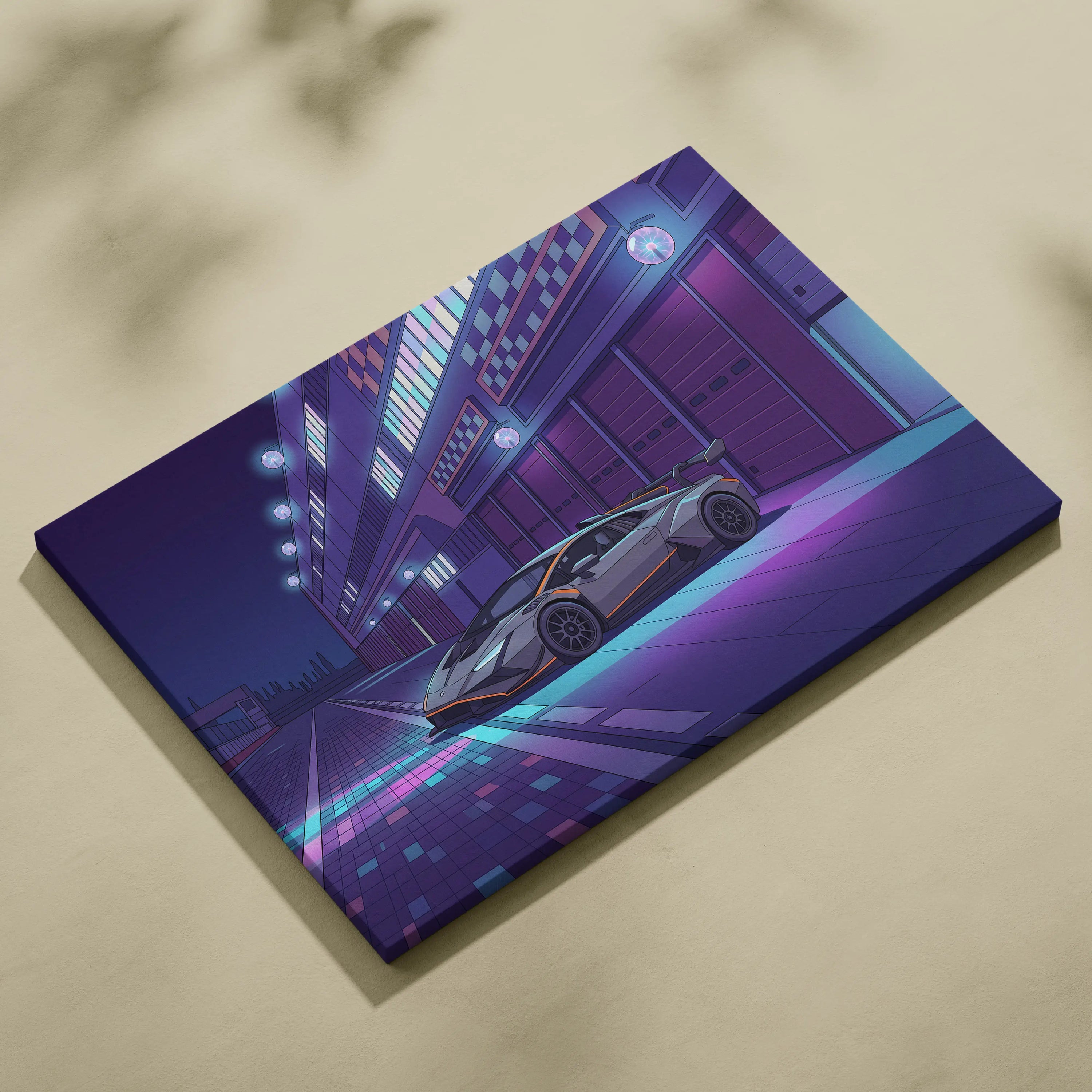 Lamborghini Huracan STO Inspired Gray Purple Canvas Wall Art, Vaporwave Track Car Artwork, Neon Garage Decor, Retro Futuristic Exotic Print