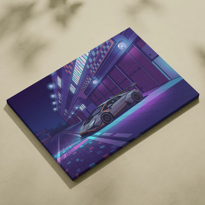 Lamborghini Huracan STO Inspired Gray Purple Canvas Wall Art, Vaporwave Track Car Artwork, Neon Garage Decor, Retro Futuristic Exotic Print