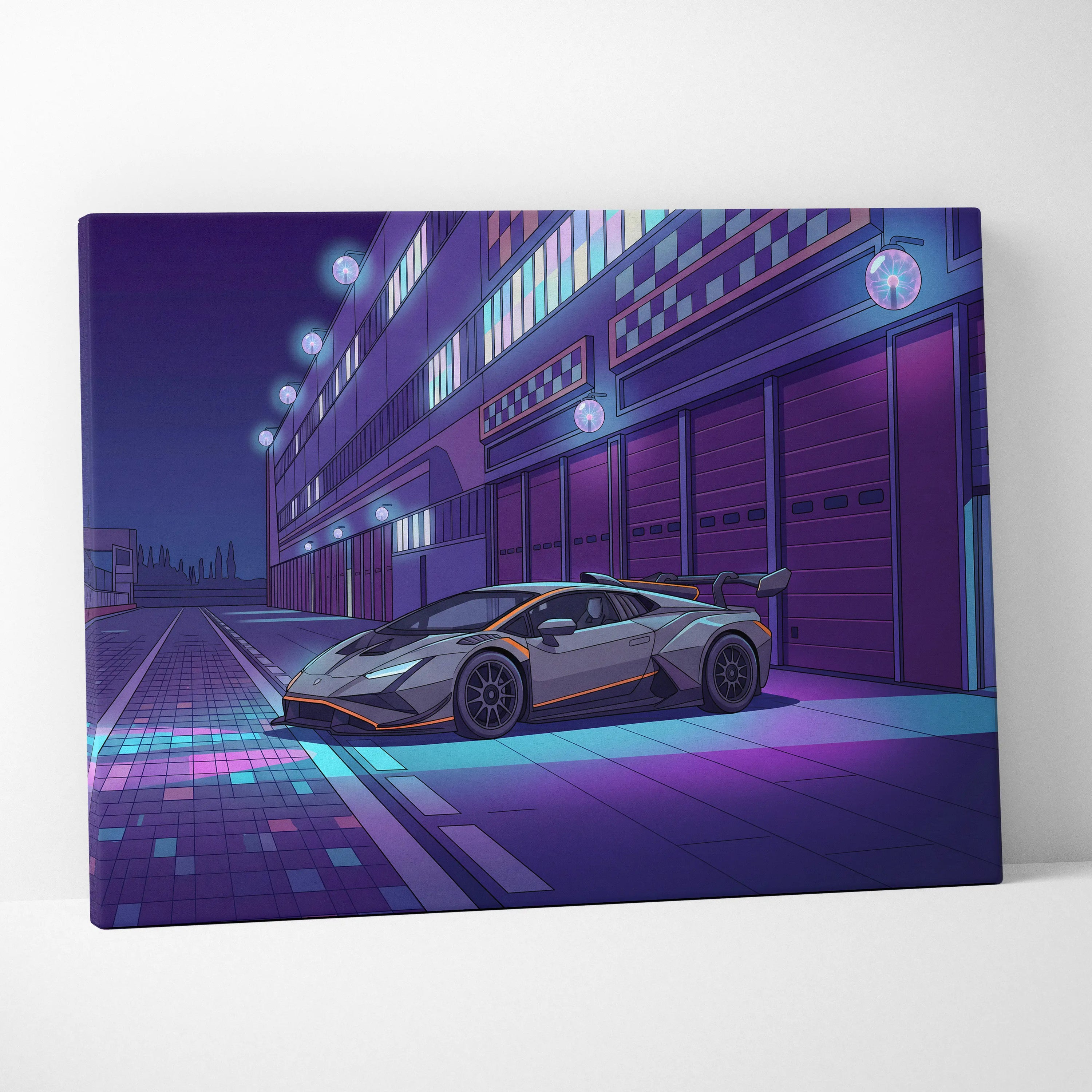Lamborghini Huracan STO Inspired Gray Purple Canvas Wall Art, Vaporwave Track Car Artwork, Neon Garage Decor, Retro Futuristic Exotic Print