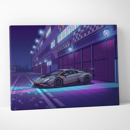 Lamborghini Huracan STO Inspired Gray Purple Canvas Wall Art, Vaporwave Track Car Artwork, Neon Garage Decor, Retro Futuristic Exotic Print