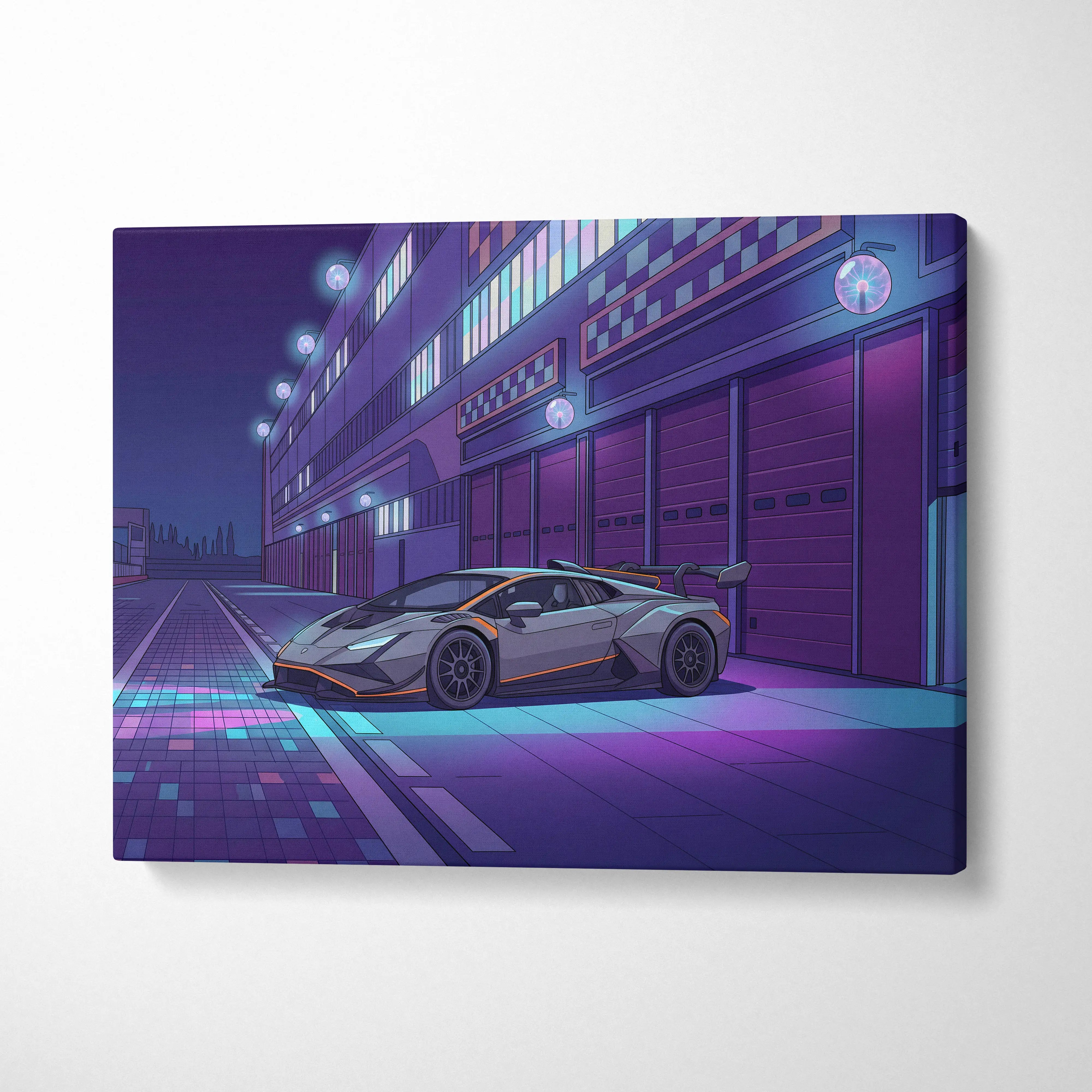 Lamborghini Huracan STO Inspired Gray Purple Canvas Wall Art, Vaporwave Track Car Artwork, Neon Garage Decor, Retro Futuristic Exotic Print