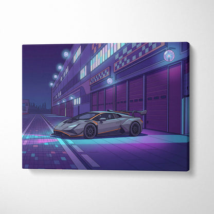 Lamborghini Huracan STO Inspired Gray Purple Canvas Wall Art, Vaporwave Track Car Artwork, Neon Garage Decor, Retro Futuristic Exotic Print
