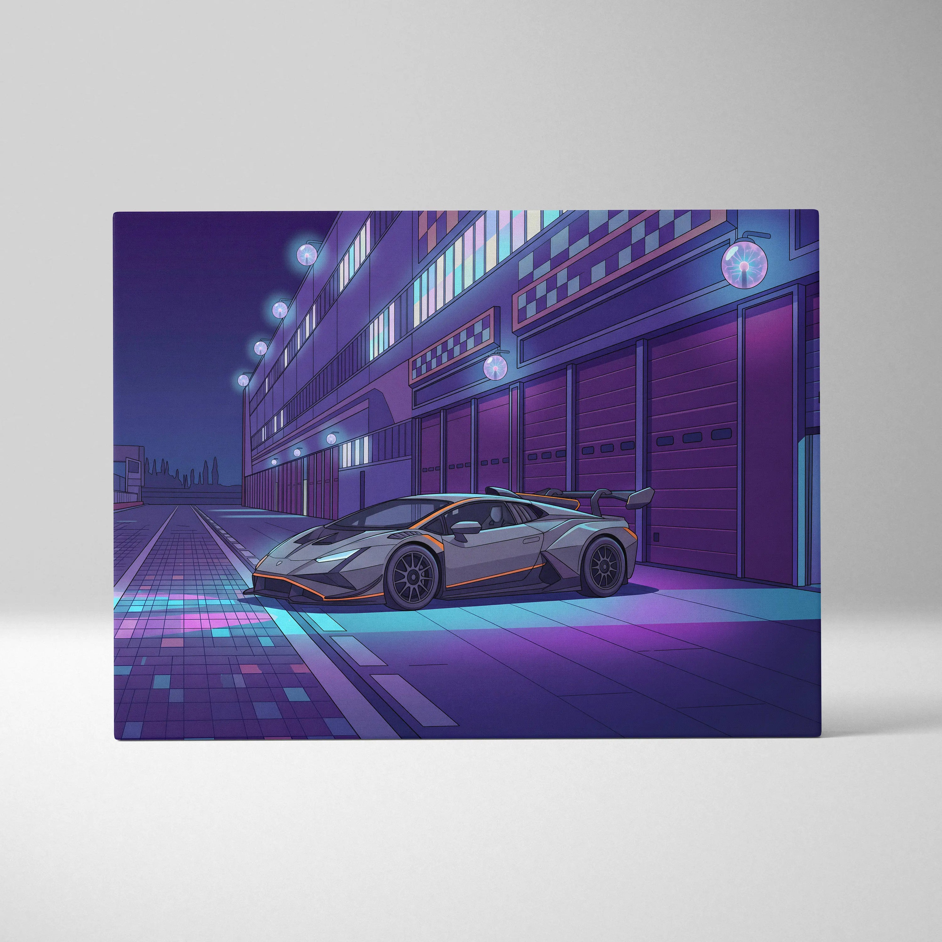 Lamborghini Huracan STO Inspired Gray Purple Canvas Wall Art, Vaporwave Track Car Artwork, Neon Garage Decor, Retro Futuristic Exotic Print