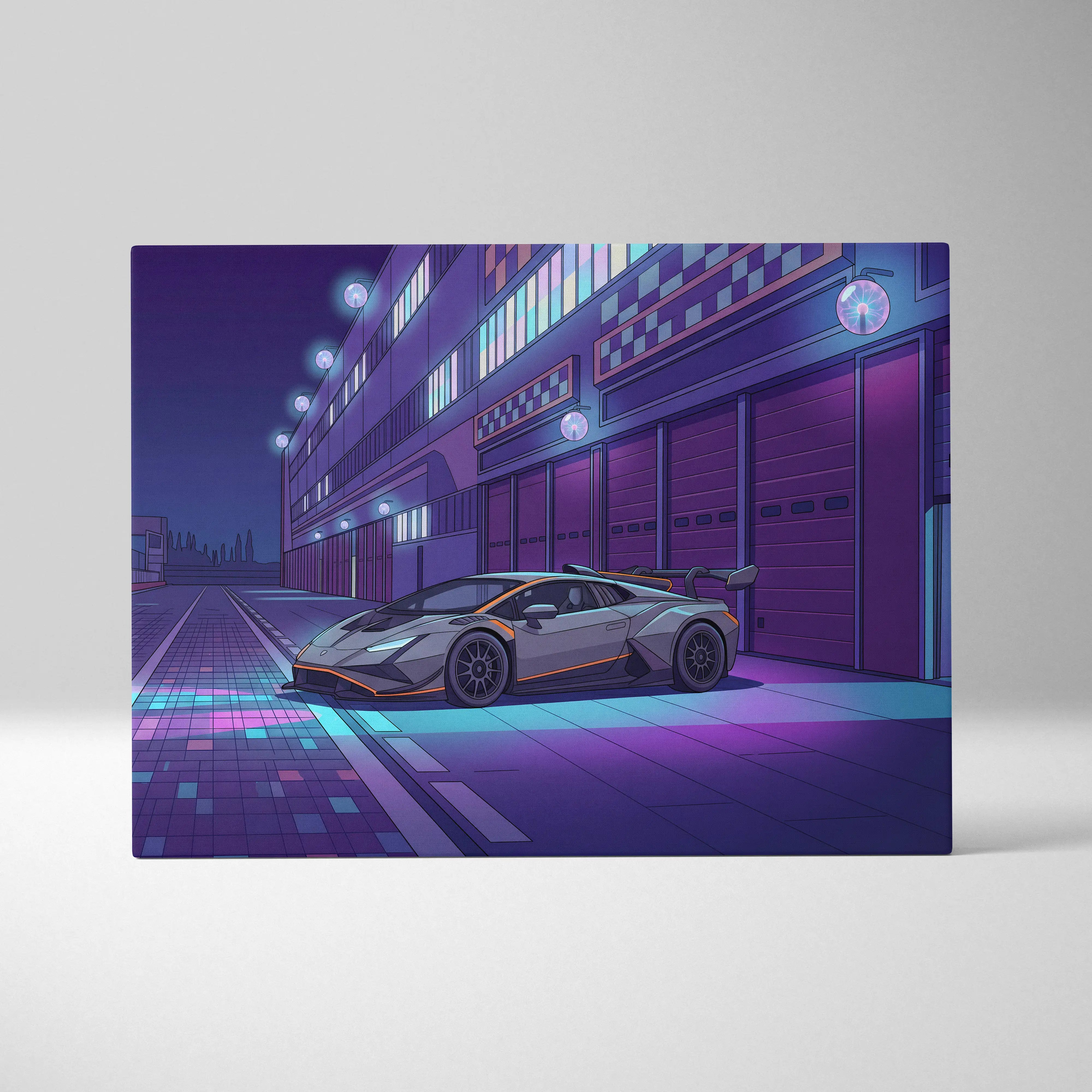 Lamborghini Huracan STO Inspired Gray Purple Canvas Wall Art, Vaporwave Track Car Artwork, Neon Garage Decor, Retro Futuristic Exotic Print