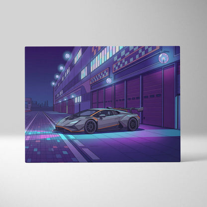 Lamborghini Huracan STO Inspired Gray Purple Canvas Wall Art, Vaporwave Track Car Artwork, Neon Garage Decor, Retro Futuristic Exotic Print