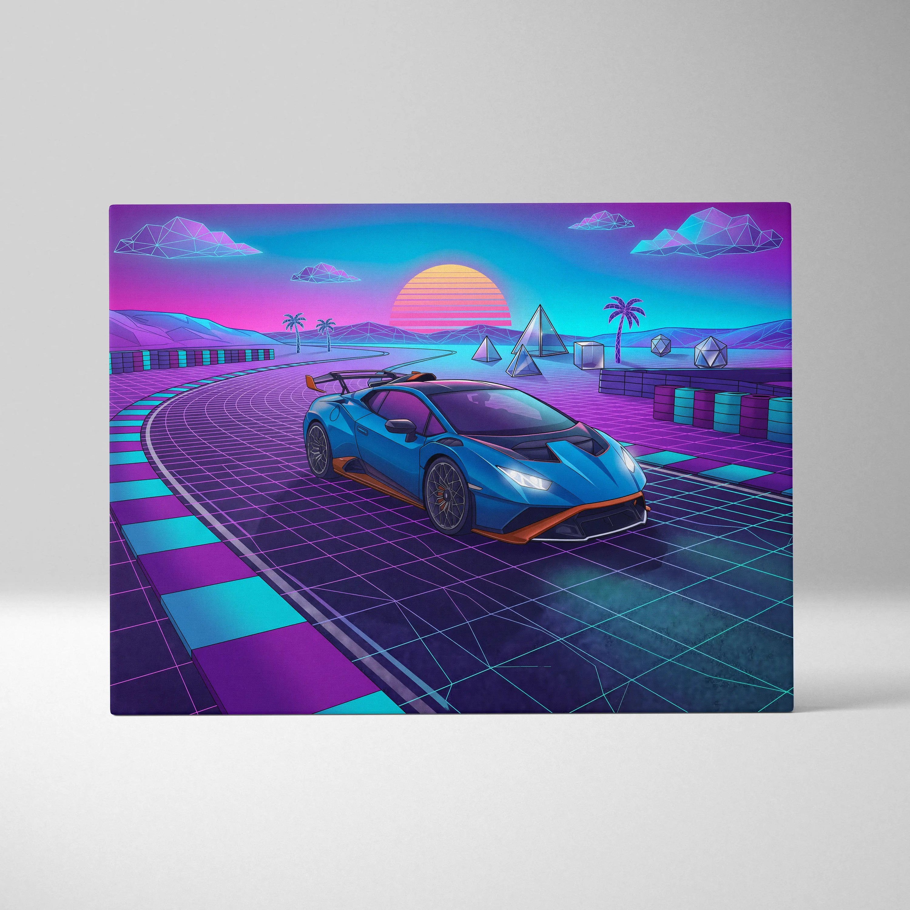 Lamborghini Huracan STO Inspired Blue Purple Canvas Wall Art, Vaporwave Track Car Artwork, Neon Sunset Garage Decor, Retro Futuristic Exotic Print