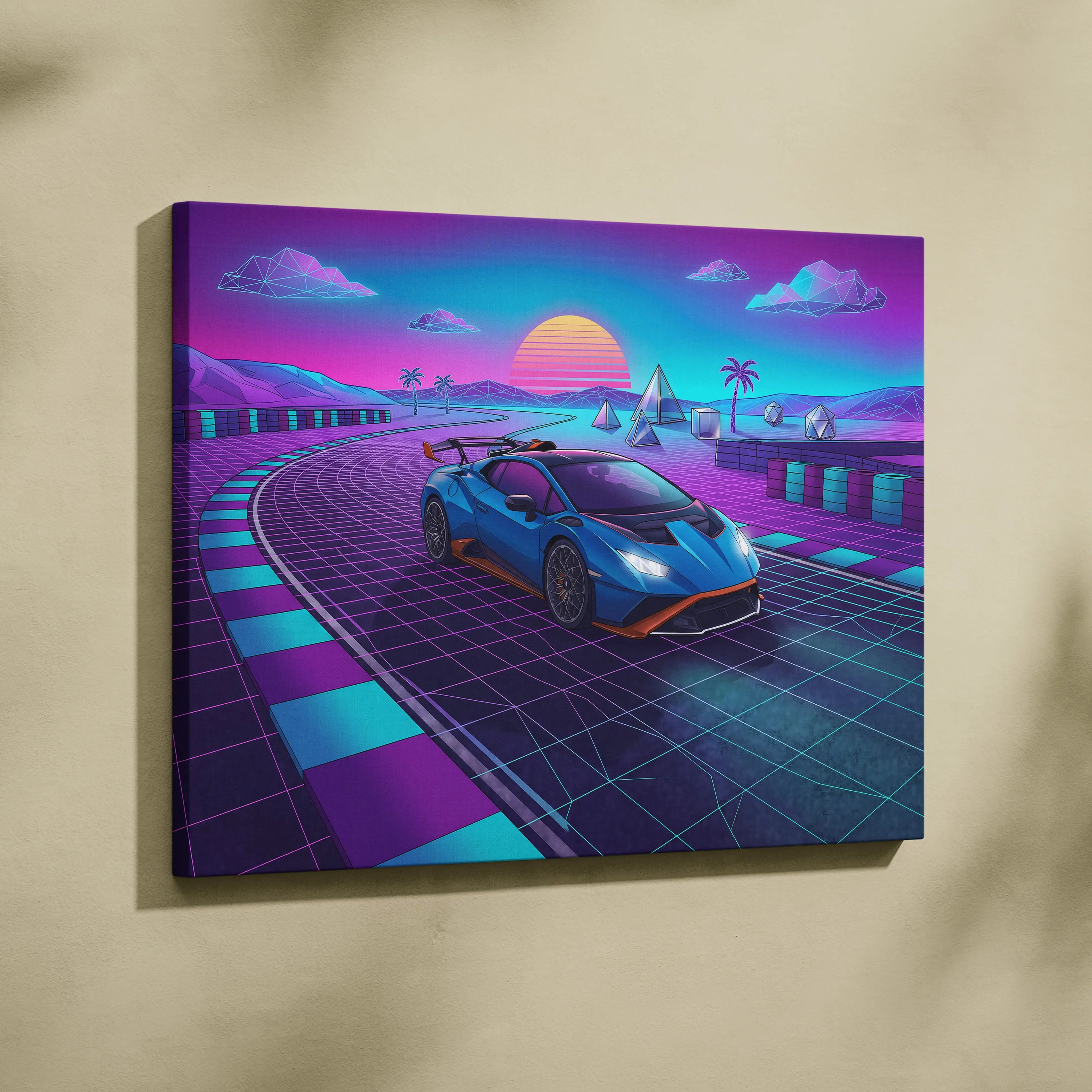 Lamborghini Huracan STO Inspired Blue Purple Canvas Wall Art, Vaporwave Track Car Artwork, Neon Sunset Garage Decor, Retro Futuristic Exotic Print