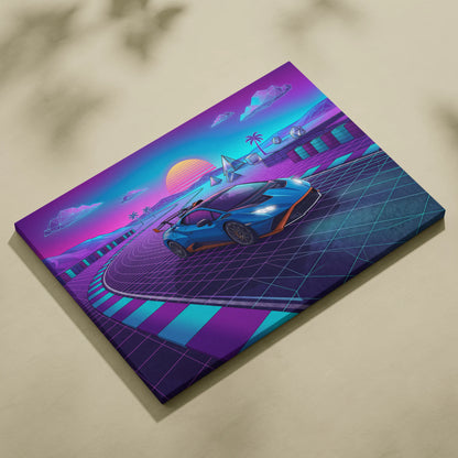 Lamborghini Huracan STO Inspired Blue Purple Canvas Wall Art, Vaporwave Track Car Artwork, Neon Sunset Garage Decor, Retro Futuristic Exotic Print