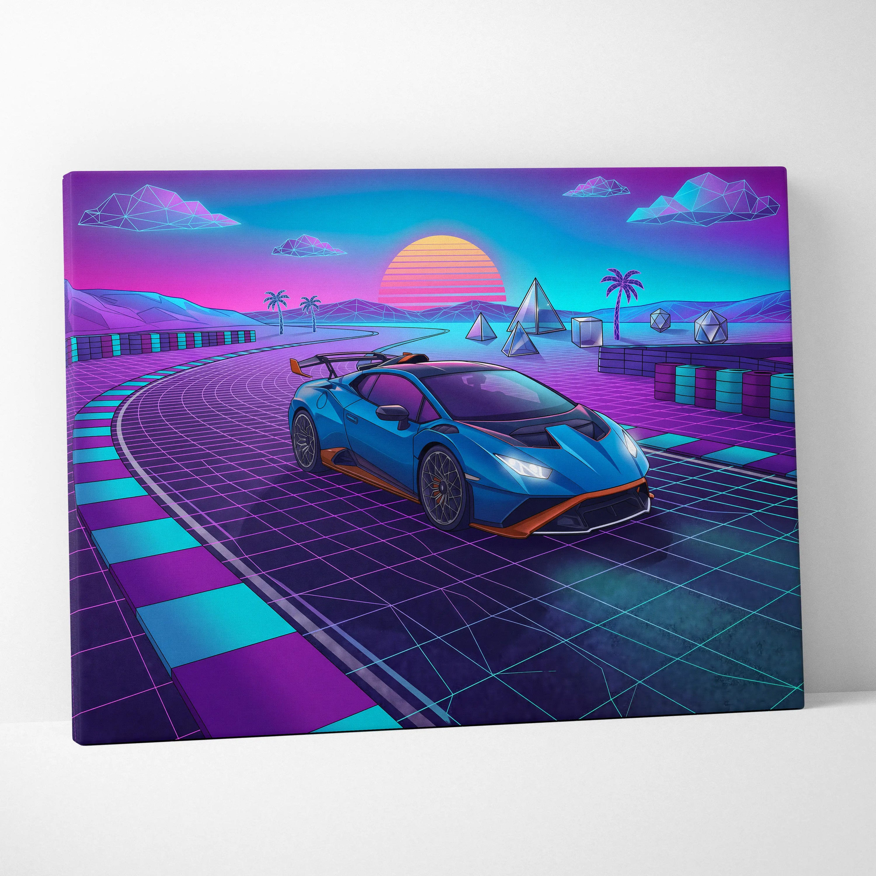 Lamborghini Huracan STO Inspired Blue Purple Canvas Wall Art, Vaporwave Track Car Artwork, Neon Sunset Garage Decor, Retro Futuristic Exotic Print