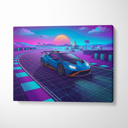Lamborghini Huracan STO Inspired Blue Purple Canvas Wall Art, Vaporwave Track Car Artwork, Neon Sunset Garage Decor, Retro Futuristic Exotic Print