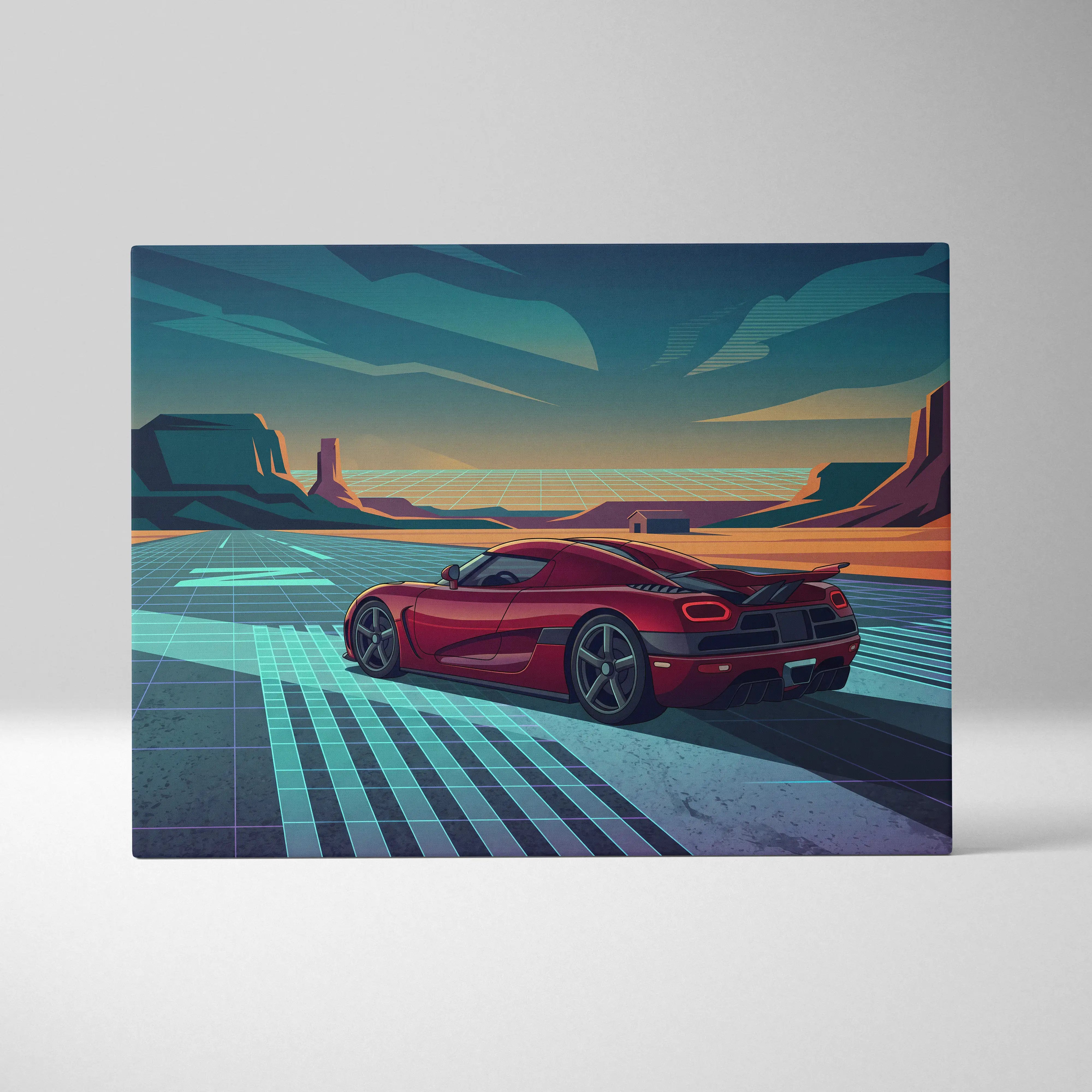 Koenigsegg Agera RS Inspired Red Teal Canvas Wall Art, Vaporwave Hypercar Artwork, Neon Desert Garage Decor, Retro Futuristic Exotic Car Print