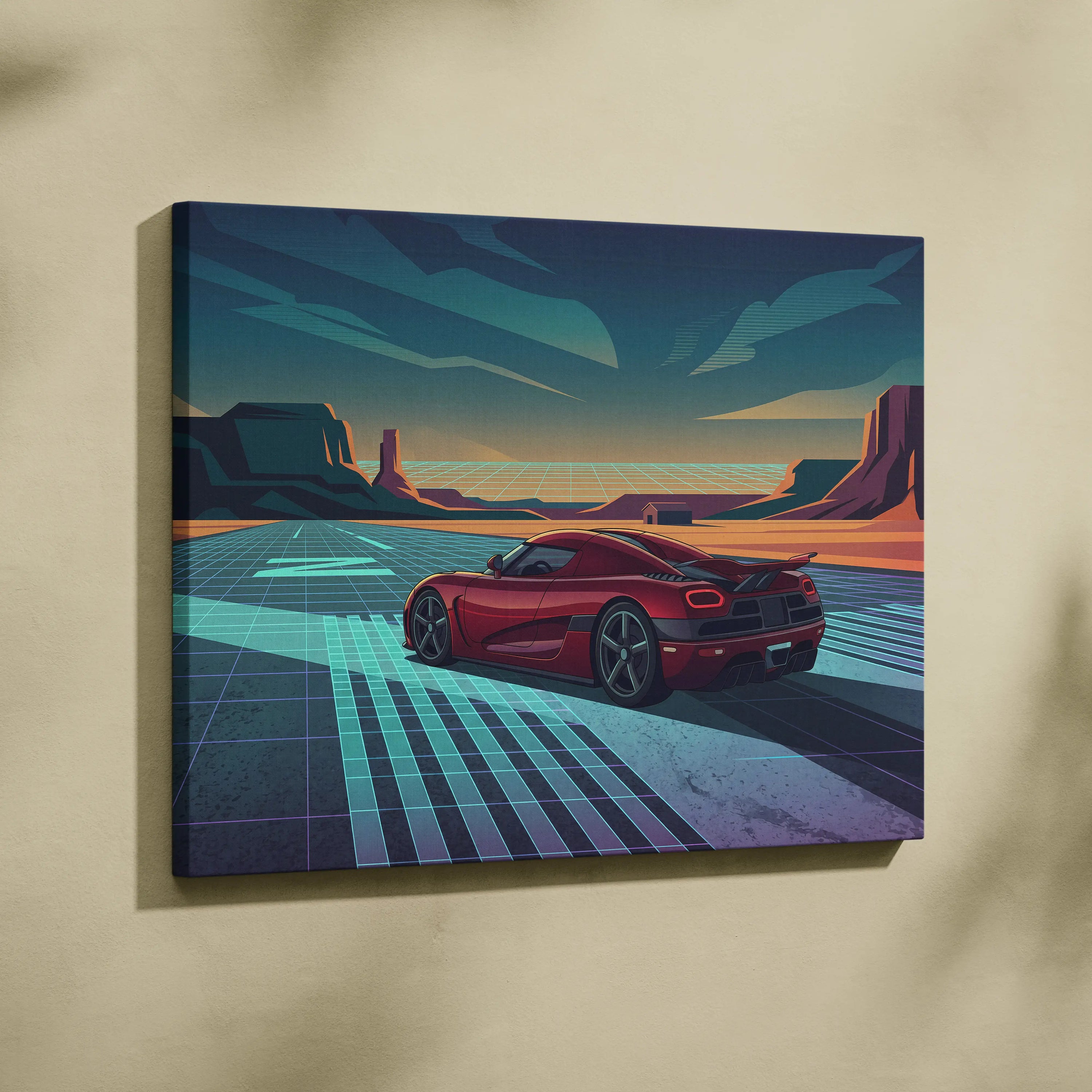 Koenigsegg Agera RS Inspired Red Teal Canvas Wall Art, Vaporwave Hypercar Artwork, Neon Desert Garage Decor, Retro Futuristic Exotic Car Print