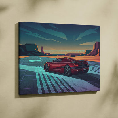 Koenigsegg Agera RS Inspired Red Teal Canvas Wall Art, Vaporwave Hypercar Artwork, Neon Desert Garage Decor, Retro Futuristic Exotic Car Print