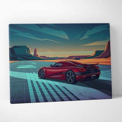 Koenigsegg Agera RS Inspired Red Teal Canvas Wall Art, Vaporwave Hypercar Artwork, Neon Desert Garage Decor, Retro Futuristic Exotic Car Print