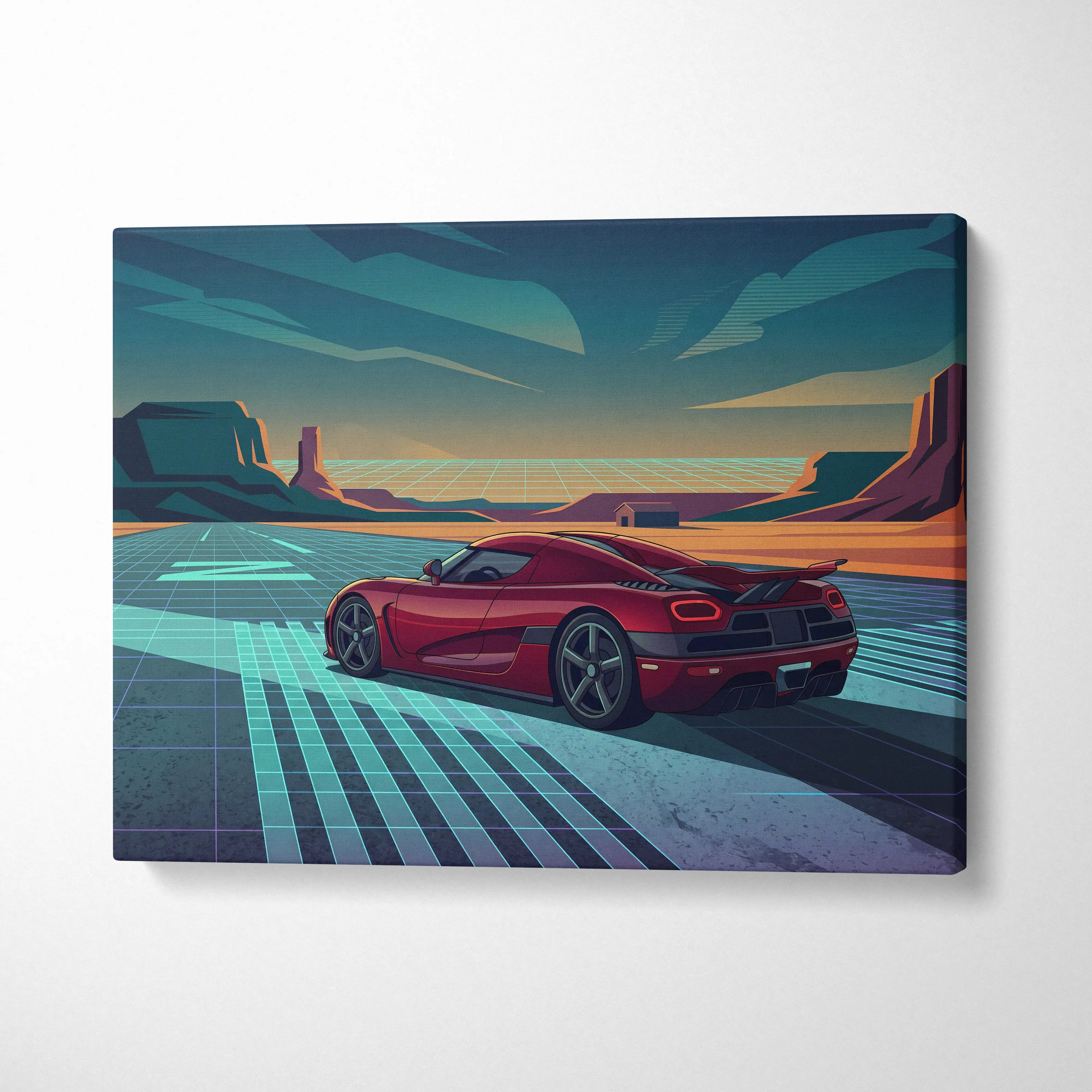 Koenigsegg Agera RS Inspired Red Teal Canvas Wall Art, Vaporwave Hypercar Artwork, Neon Desert Garage Decor, Retro Futuristic Exotic Car Print