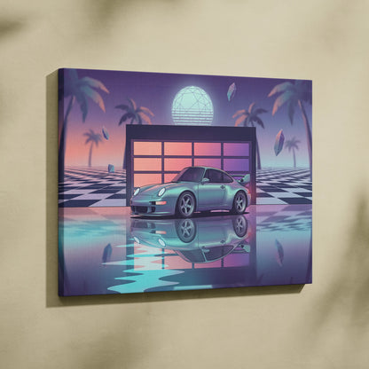 Porsche 911 GT2 Classic Inspired Silver Purple Canvas Wall Art Vaporwave Neon Garage Sports Car Artwork, Retro Palm Sunset Decor