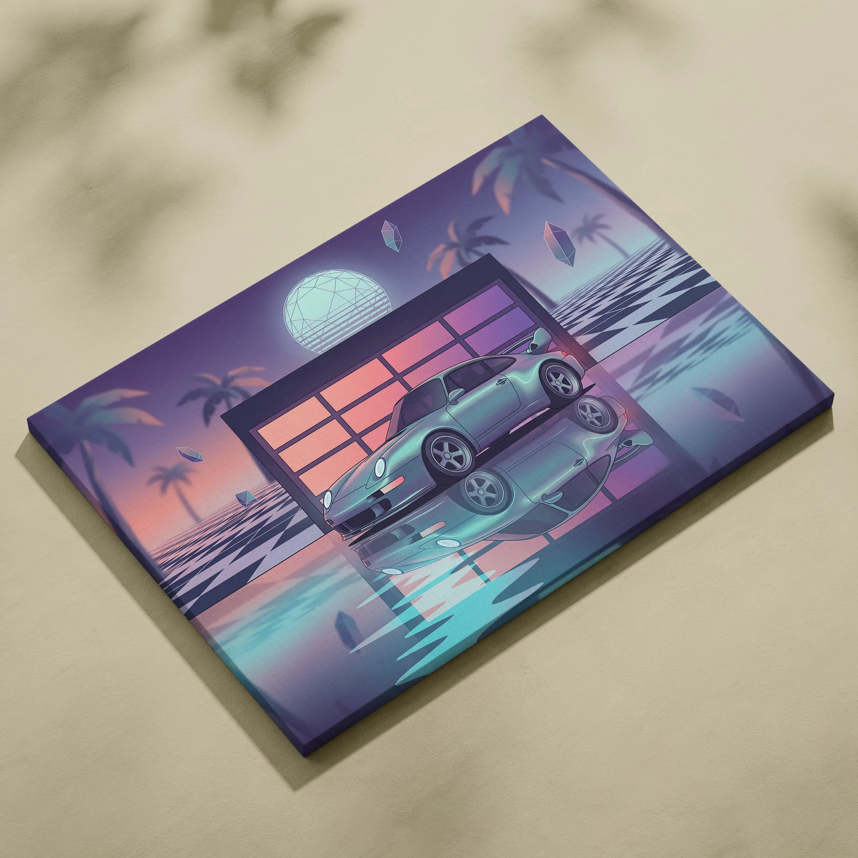 Porsche 911 GT2 Classic Inspired Silver Purple Canvas Wall Art Vaporwave Neon Garage Sports Car Artwork, Retro Palm Sunset Decor