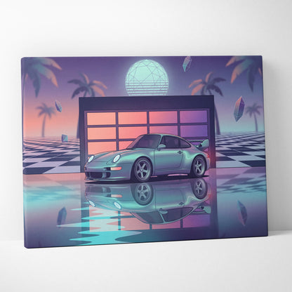 Porsche 911 GT2 Classic Inspired Silver Purple Canvas Wall Art Vaporwave Neon Garage Sports Car Artwork, Retro Palm Sunset Decor