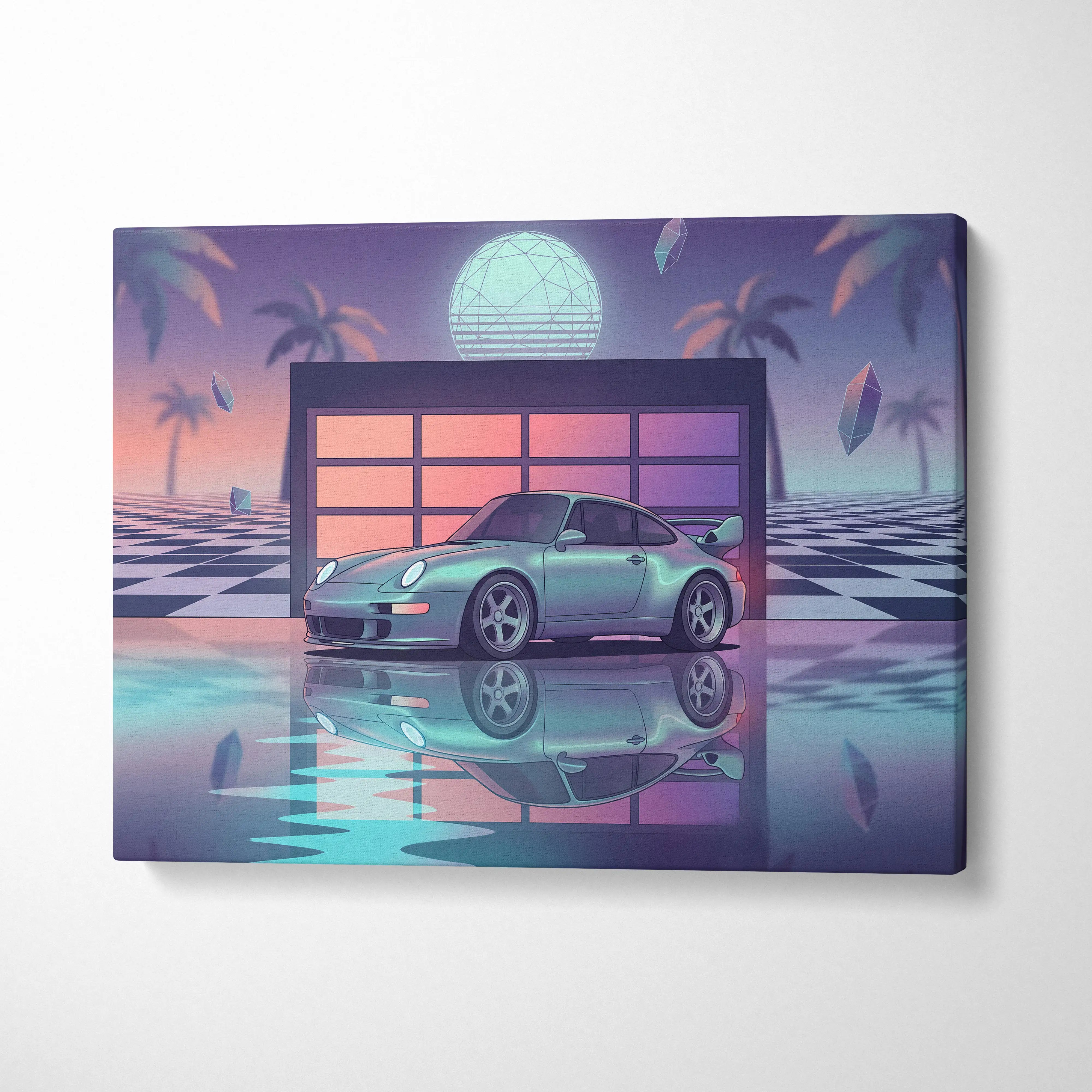 Porsche 911 GT2 Classic Inspired Silver Purple Canvas Wall Art Vaporwave Neon Garage Sports Car Artwork, Retro Palm Sunset Decor