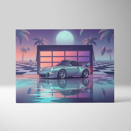 Porsche 911 GT2 Classic Inspired Silver Purple Canvas Wall Art Vaporwave Neon Garage Sports Car Artwork, Retro Palm Sunset Decor
