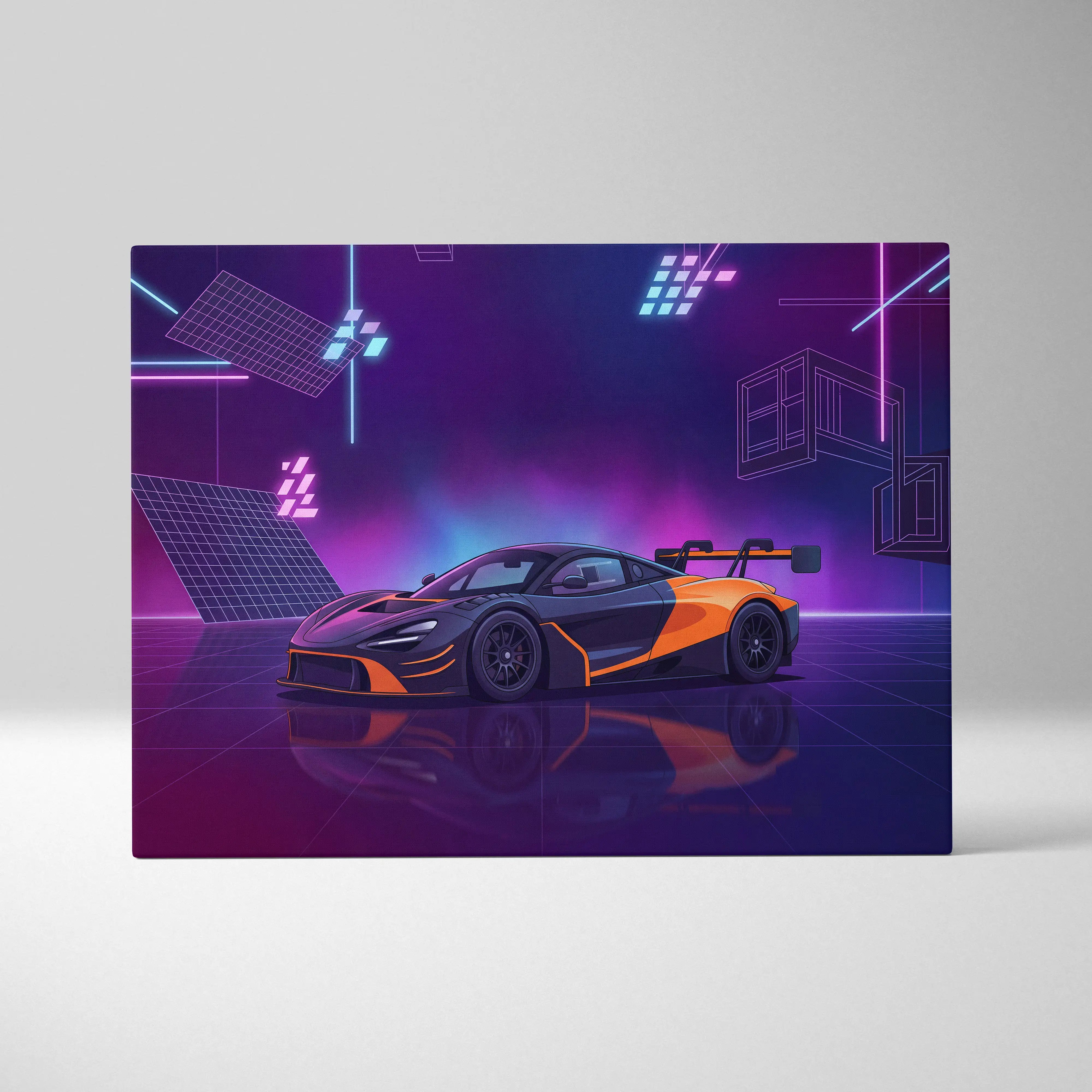 McLaren 720S GT3 Inspired Orange Purple Canvas Wall Art, Vaporwave Supercar Artwork, Neon Grid Garage Decor, Retro Futuristic Exotic Print