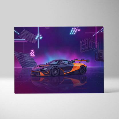 McLaren 720S GT3 Inspired Orange Purple Canvas Wall Art, Vaporwave Supercar Artwork, Neon Grid Garage Decor, Retro Futuristic Exotic Print