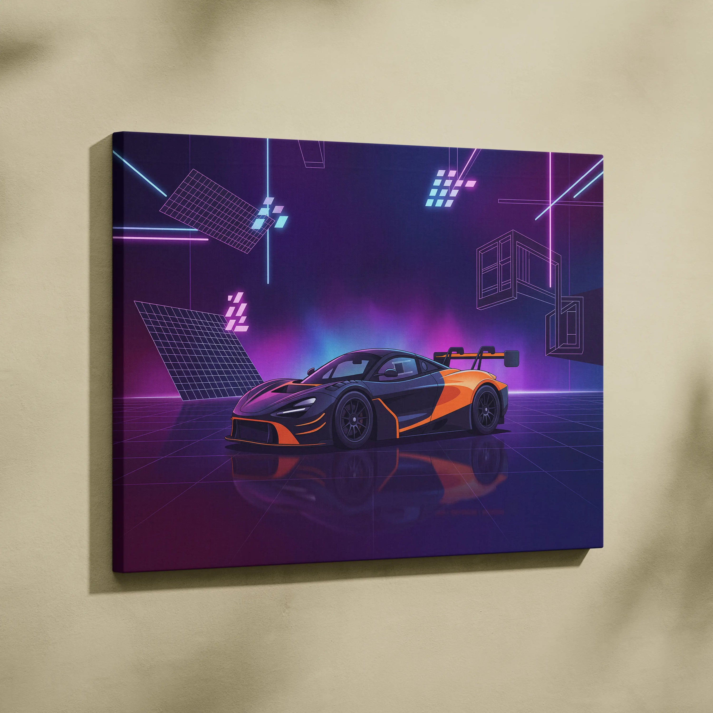 McLaren 720S GT3 Inspired Orange Purple Canvas Wall Art, Vaporwave Supercar Artwork, Neon Grid Garage Decor, Retro Futuristic Exotic Print