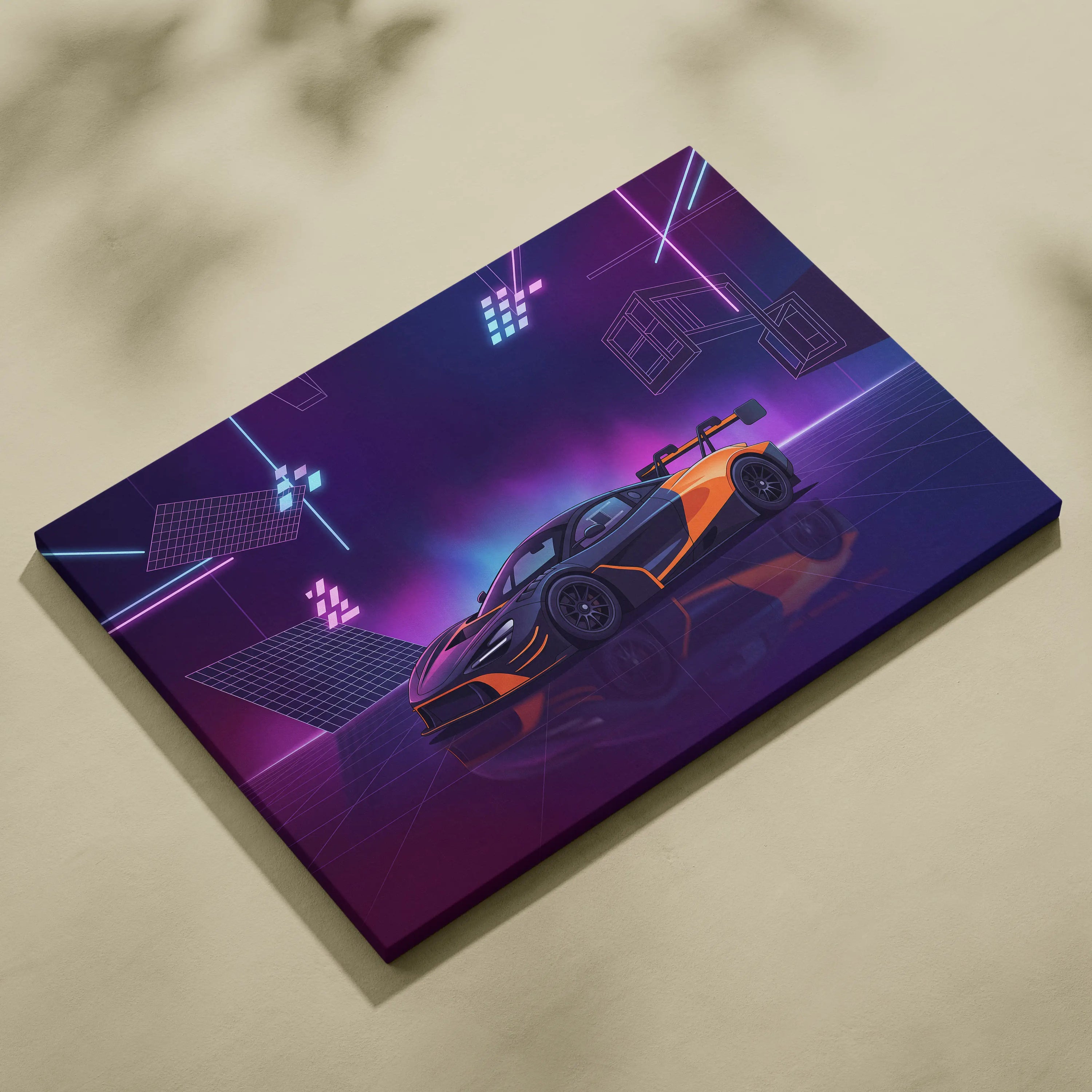 McLaren 720S GT3 Inspired Orange Purple Canvas Wall Art, Vaporwave Supercar Artwork, Neon Grid Garage Decor, Retro Futuristic Exotic Print