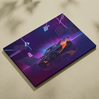 McLaren 720S GT3 Inspired Orange Purple Canvas Wall Art, Vaporwave Supercar Artwork, Neon Grid Garage Decor, Retro Futuristic Exotic Print