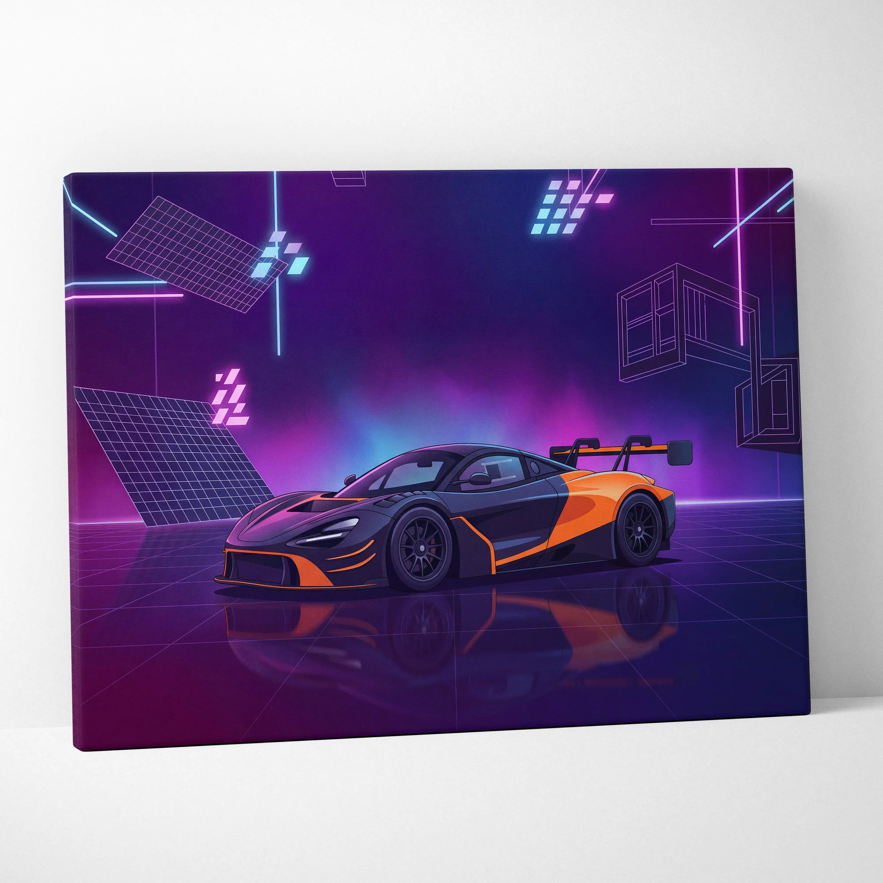 McLaren 720S GT3 Inspired Orange Purple Canvas Wall Art, Vaporwave Supercar Artwork, Neon Grid Garage Decor, Retro Futuristic Exotic Print