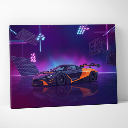 McLaren 720S GT3 Inspired Orange Purple Canvas Wall Art, Vaporwave Supercar Artwork, Neon Grid Garage Decor, Retro Futuristic Exotic Print