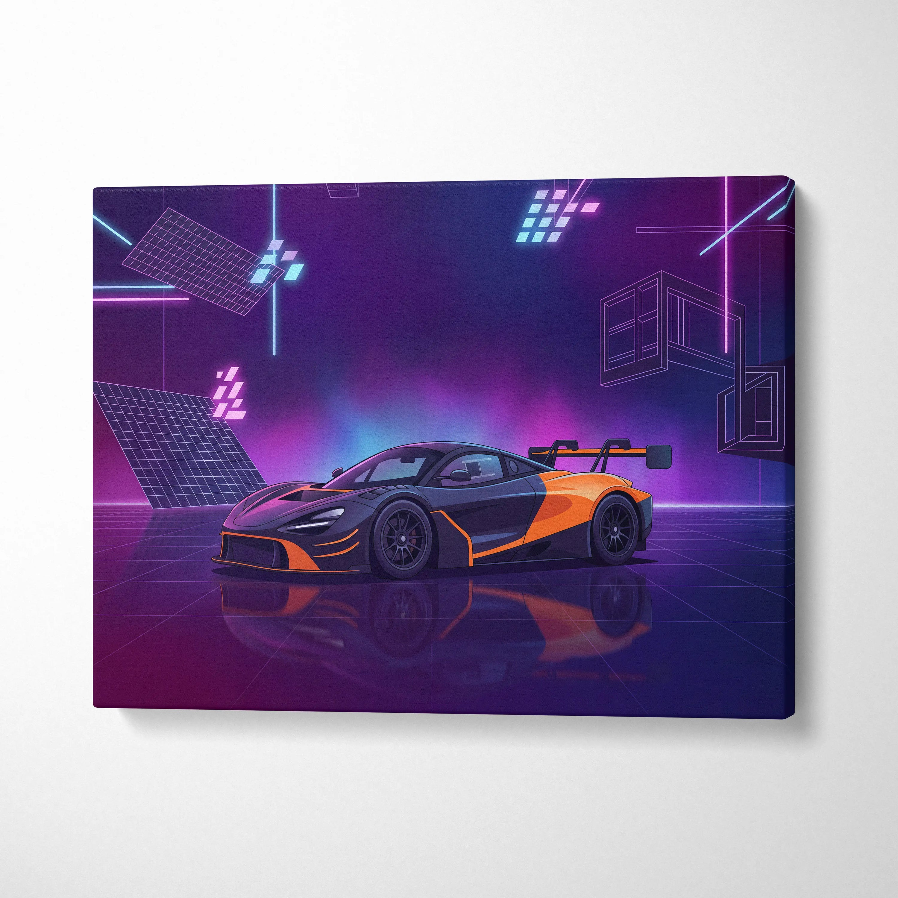 McLaren 720S GT3 Inspired Orange Purple Canvas Wall Art, Vaporwave Supercar Artwork, Neon Grid Garage Decor, Retro Futuristic Exotic Print