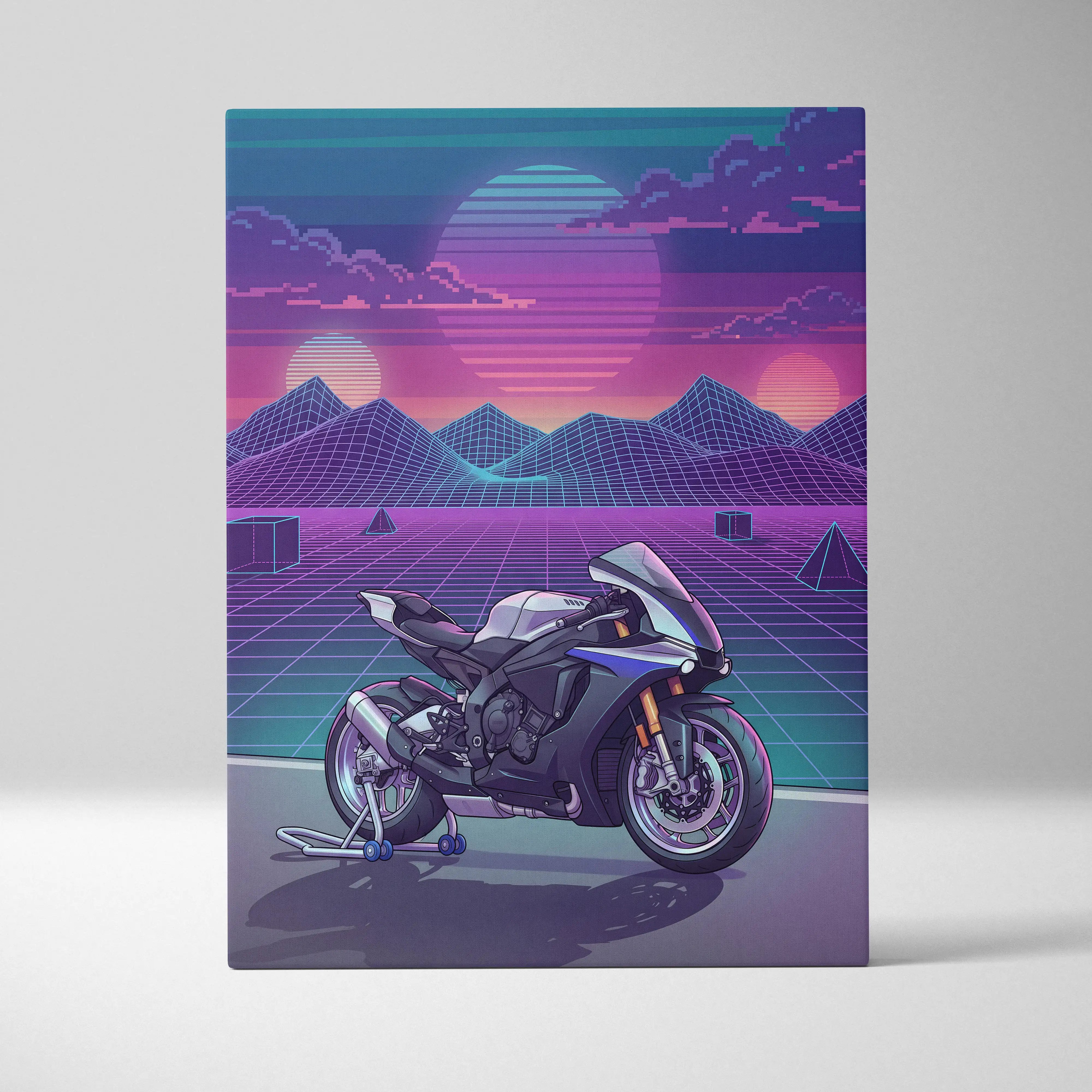 Yamaha R1M Inspired White Blue Motorcycle Canvas Wall Art Vaporwave Sunset Sportbike Garage Decor Retro Futuristic Racing Artwork
