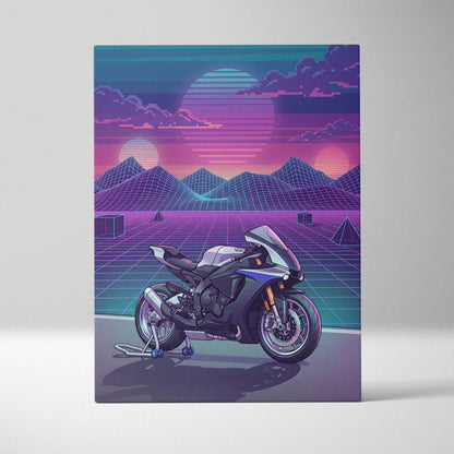 Yamaha R1M Inspired White Blue Motorcycle Canvas Wall Art Vaporwave Sunset Sportbike Garage Decor Retro Futuristic Racing Artwork
