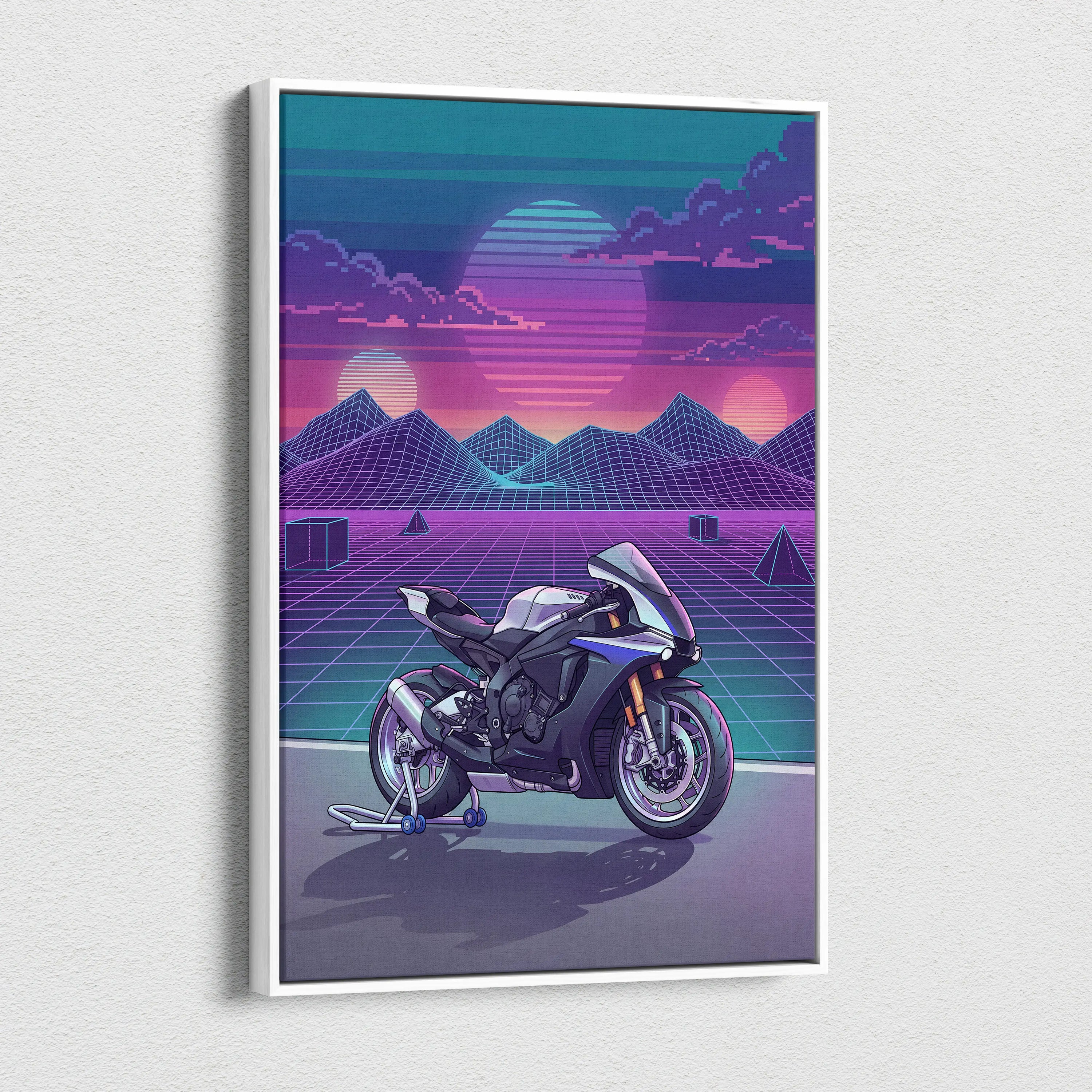 Yamaha R1M Inspired White Blue Motorcycle Canvas Wall Art Vaporwave Sunset Sportbike Garage Decor Retro Futuristic Racing Artwork