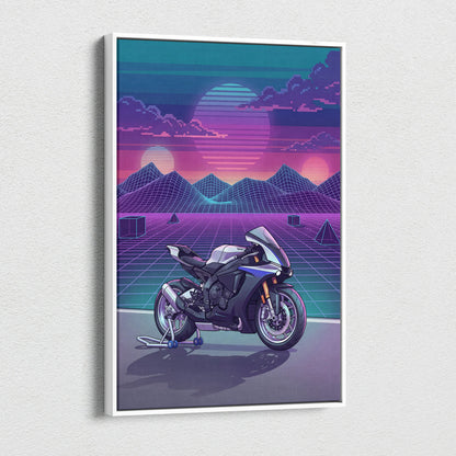 Yamaha R1M Inspired White Blue Motorcycle Canvas Wall Art Vaporwave Sunset Sportbike Garage Decor Retro Futuristic Racing Artwork